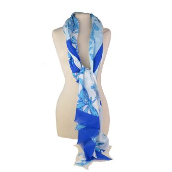 Pareo en coton bleu et blanc collection Brigitte Bardot, rayures et motif feuillage et oiseau, idéal mer, vacances, plage 6