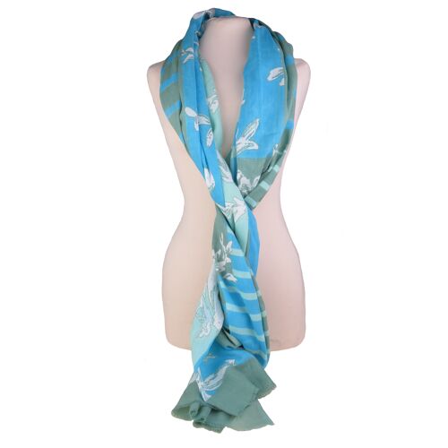 pareo en coton turquoise et vert amande Esterel turquoise, motif oiseau, fleurs, idéal mer, vacances, plage, été