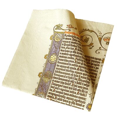 The Gutenberg napkin. The first page of the Bible at the table