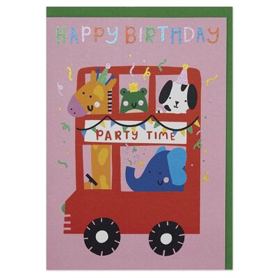 Birthday animal party bus' card , WOW09