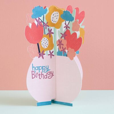 Tarjeta 3D con jarrón de flores desplegable "Feliz cumpleaños", TRS03