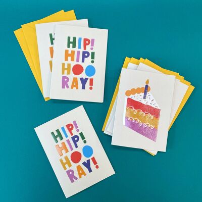 Rainbow cake slice & 'Hip! Hip! Hooray!'  Blank card set , PCK04