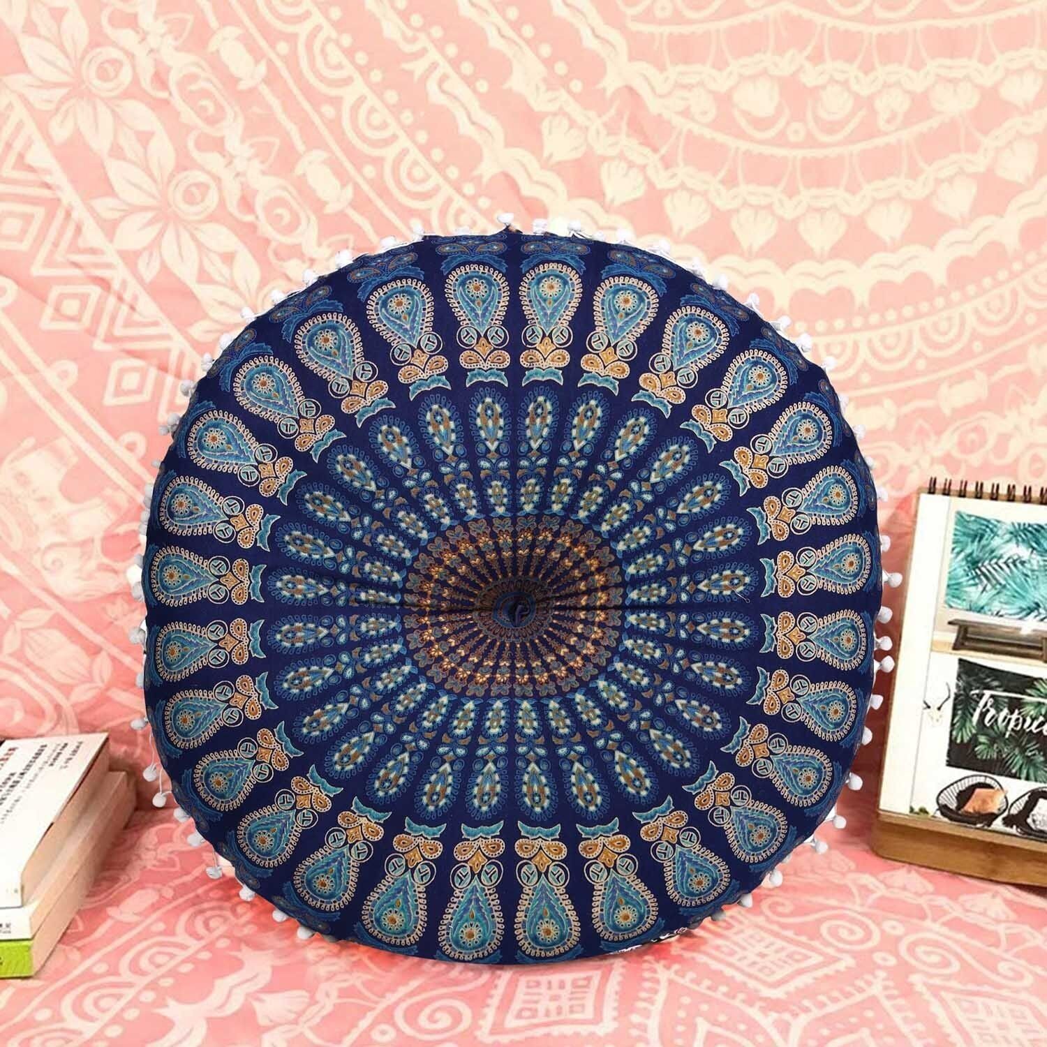 Cuscino di seduta orientale Mandala Saira Blue con imbottitura | Cuscino da pavimento indiano boho colorato