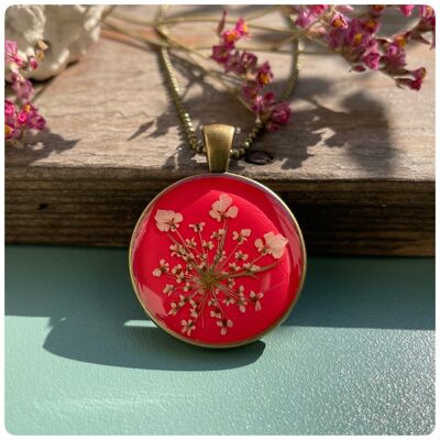Necklace with real wild carrot blossoms in strawberry red