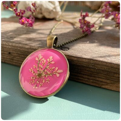 Necklace with real wild carrot flowers in pink