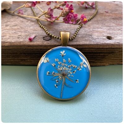 Necklace with real wild carrot blossoms in sky blue