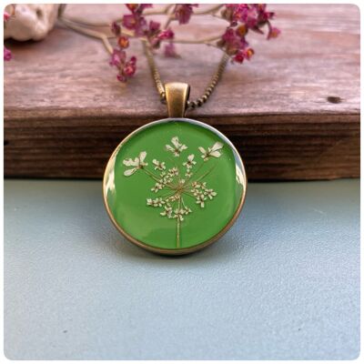 Necklace with real wild carrot flowers in forest green