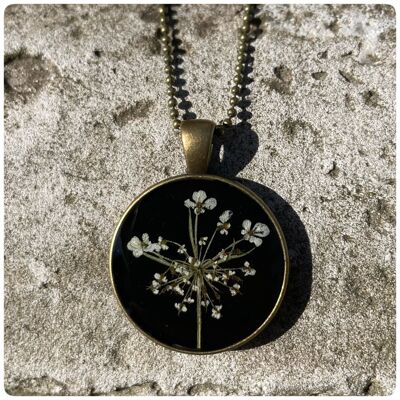 Necklace with real wild carrot flowers in black