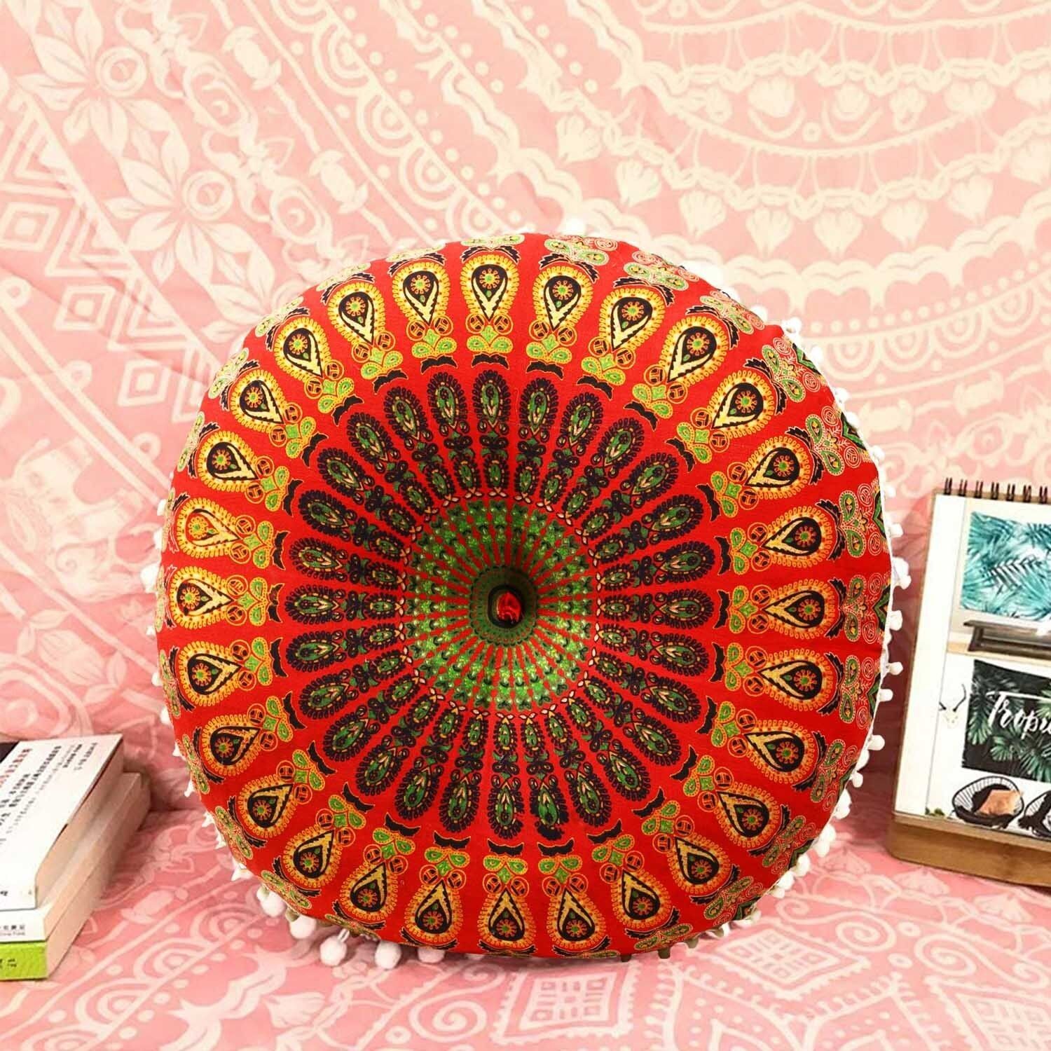 Cuscino di seduta orientale Mandala Saira rosso verde con imbottitura | Cuscino da pavimento rotondo con cuscino yoga indiano