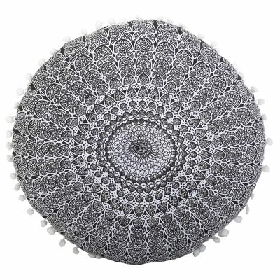 Cuscino di seduta orientale Mandala Saira bianco e nero con imbottitura | Cuscino da pavimento rotondo con cuscino yoga indiano