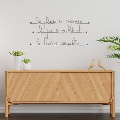 Decoración de pared de metal - Cita "Se reúne el placer, se reúne la alegría y se cultiva la felicidad" - para fijar