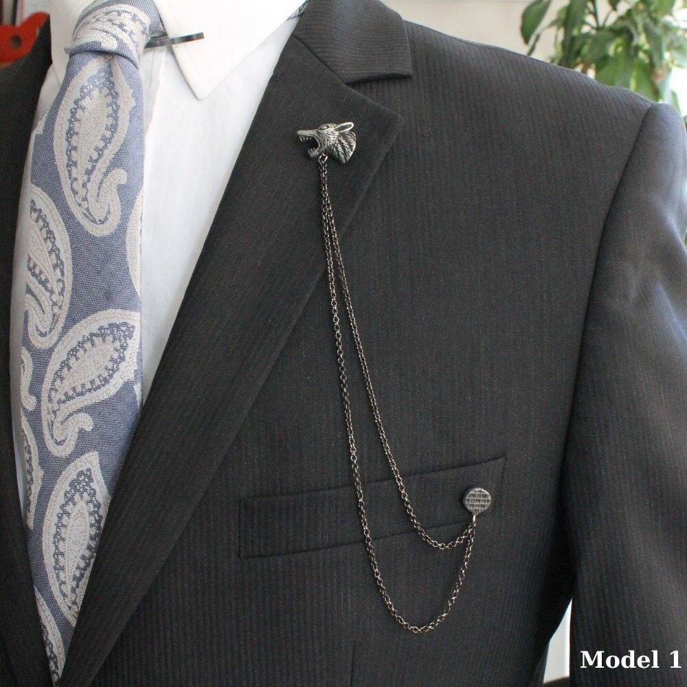 Wolf Figured Jacket Chain Brooch, Jacket Handmade Lapel Pin, Gift For Man, Men's Jewellery Accessory Wedding Groomsmen, , SKU022