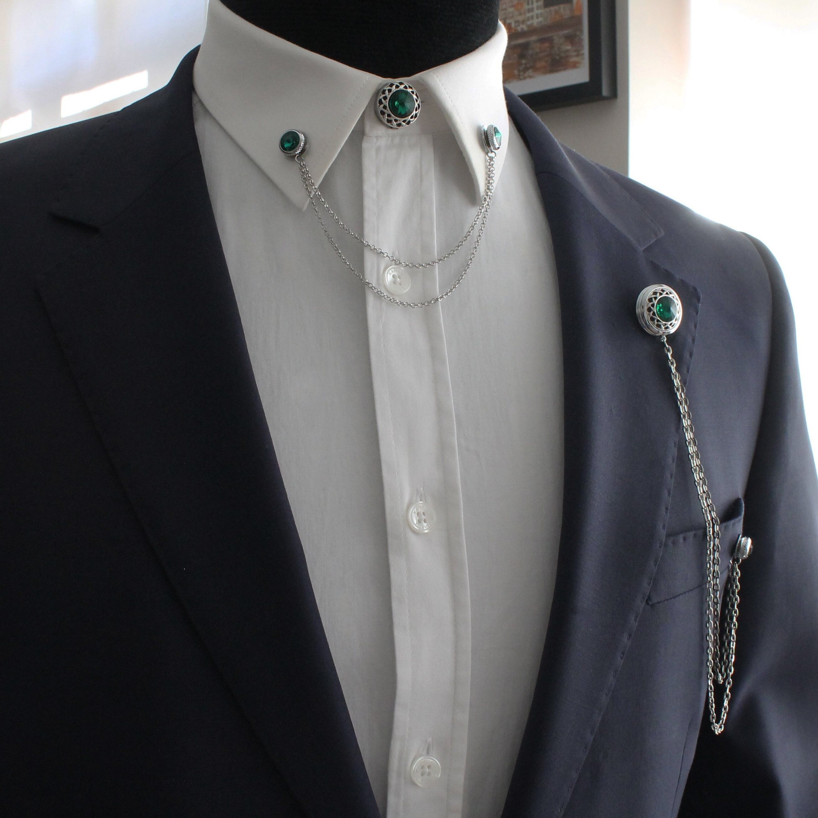Handmade Jacket Shirt Chain & Lapel Brooch Set, Collar Shirt Chain Pin, Lapel Brooch, Gift For Him, Men's Groomsmen Accessory, Man Gifts , SKU023