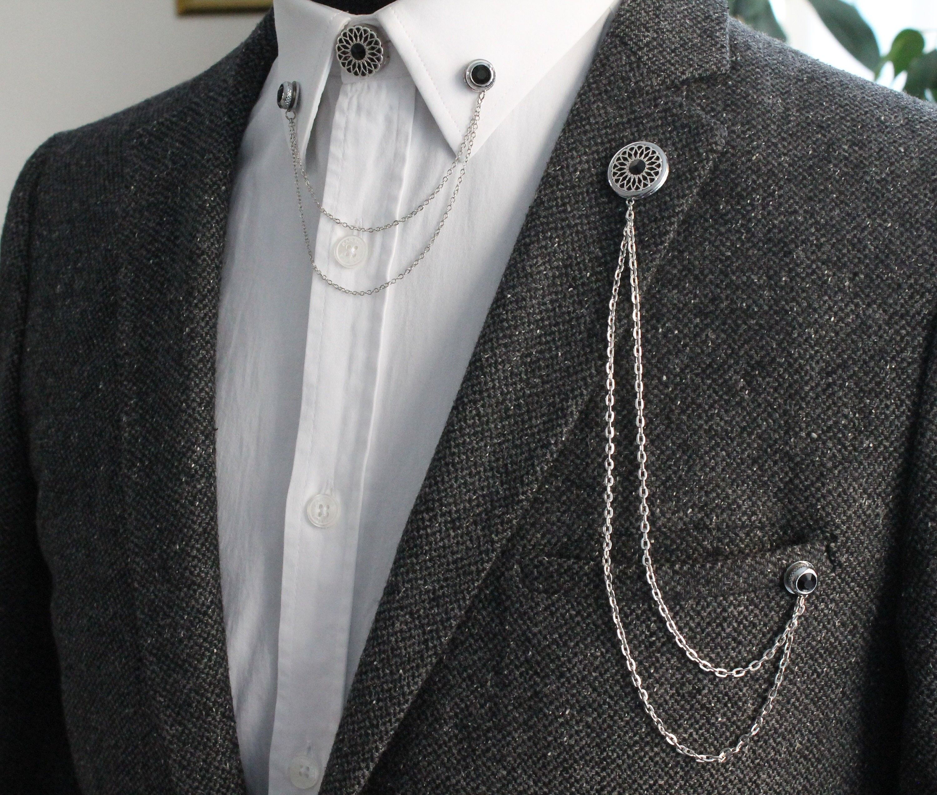 Handmade Shirt Collar Chain Brooch Set, Jacket Lapel Pin, Shirt Chain Pin, Lapel Brooch, Gift For Him, Men's Jewellery Accessory, Mens Gifts , SKU029