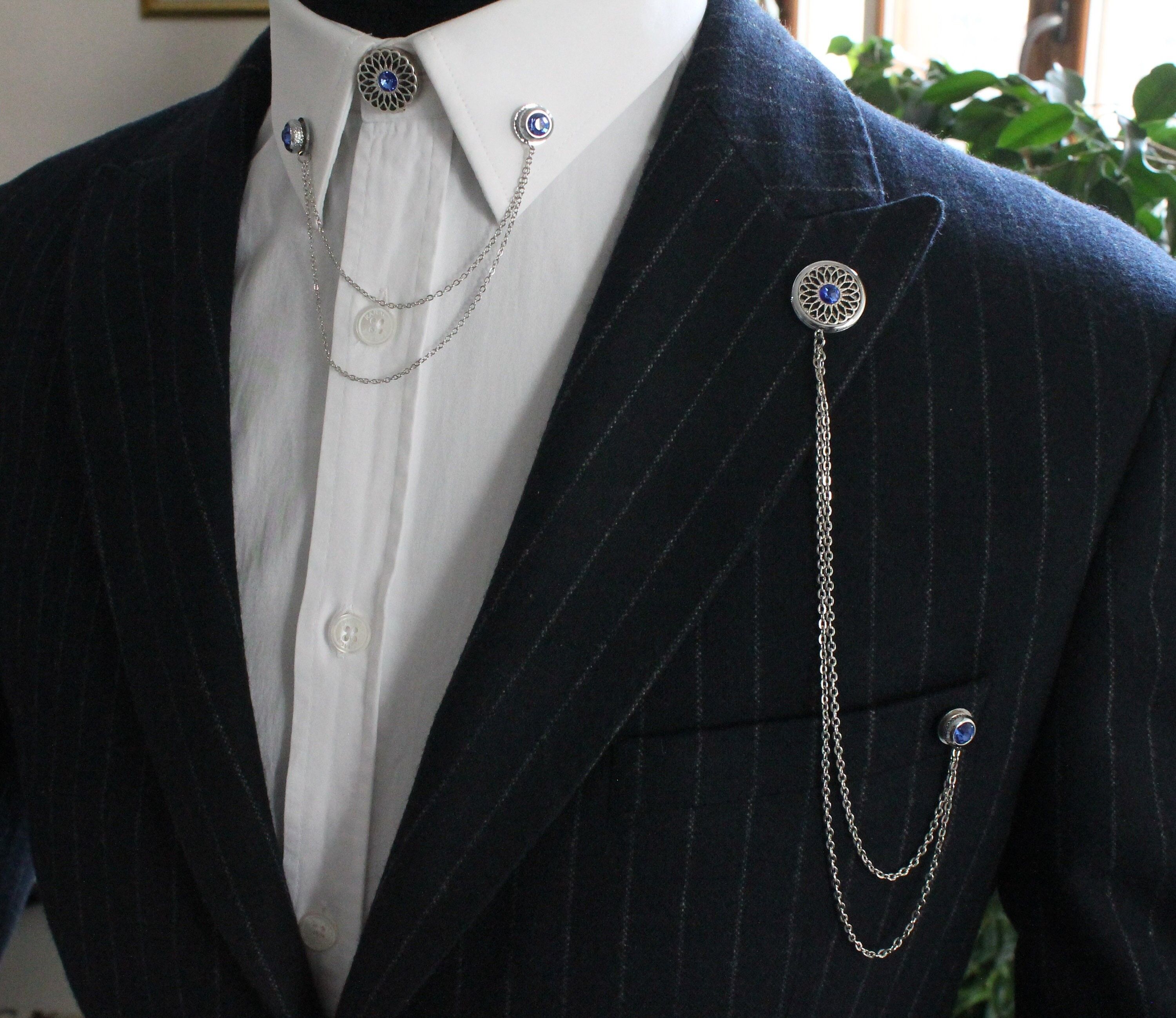 Handmade Shirt Collar Chain Brooch Set, Jacket Lapel Pin, Shirt Chain Pin, Lapel Brooch, Gift For Him, Men's Jewellery Accessory, Mens Gifts , SKU030