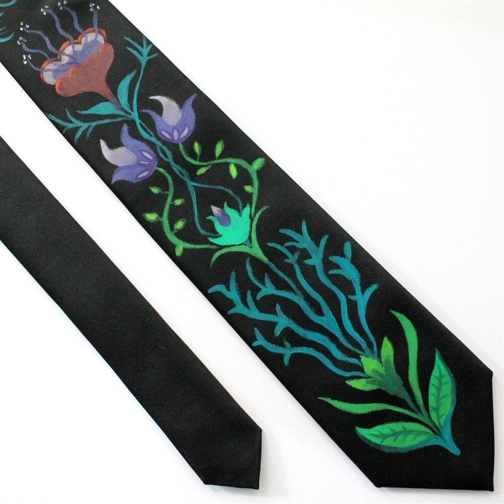 Limited Edition Hand Painted Tie, Special Design Black Tie, Unique Gift For Him, Grooomsmen Ties, Gift For Men, Dad, Husband, Boyfriend , SKU043