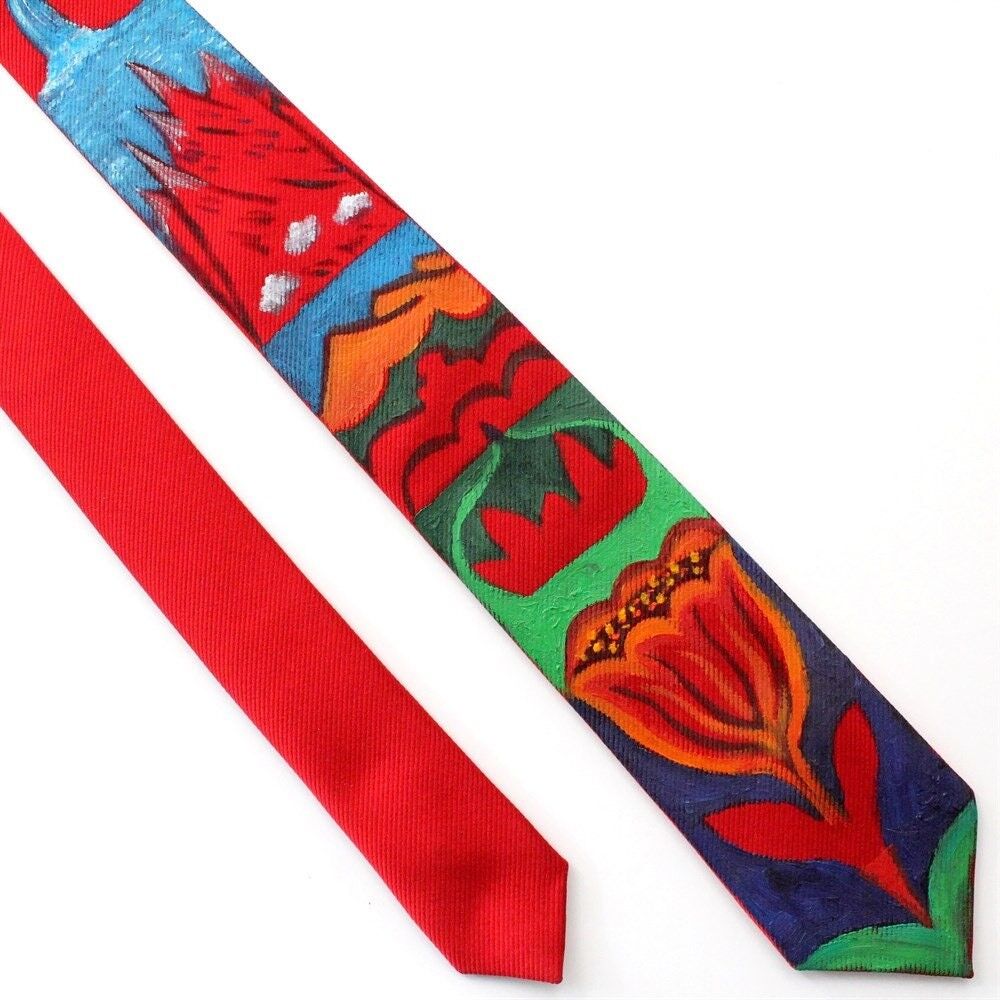 Limited Edition Hand Painted Tie, Special Design Red Tie, Unique Gift For Him, Grooomsmen Ties, Gift For Men, Dad, Husband, Boyfriend , SKU045