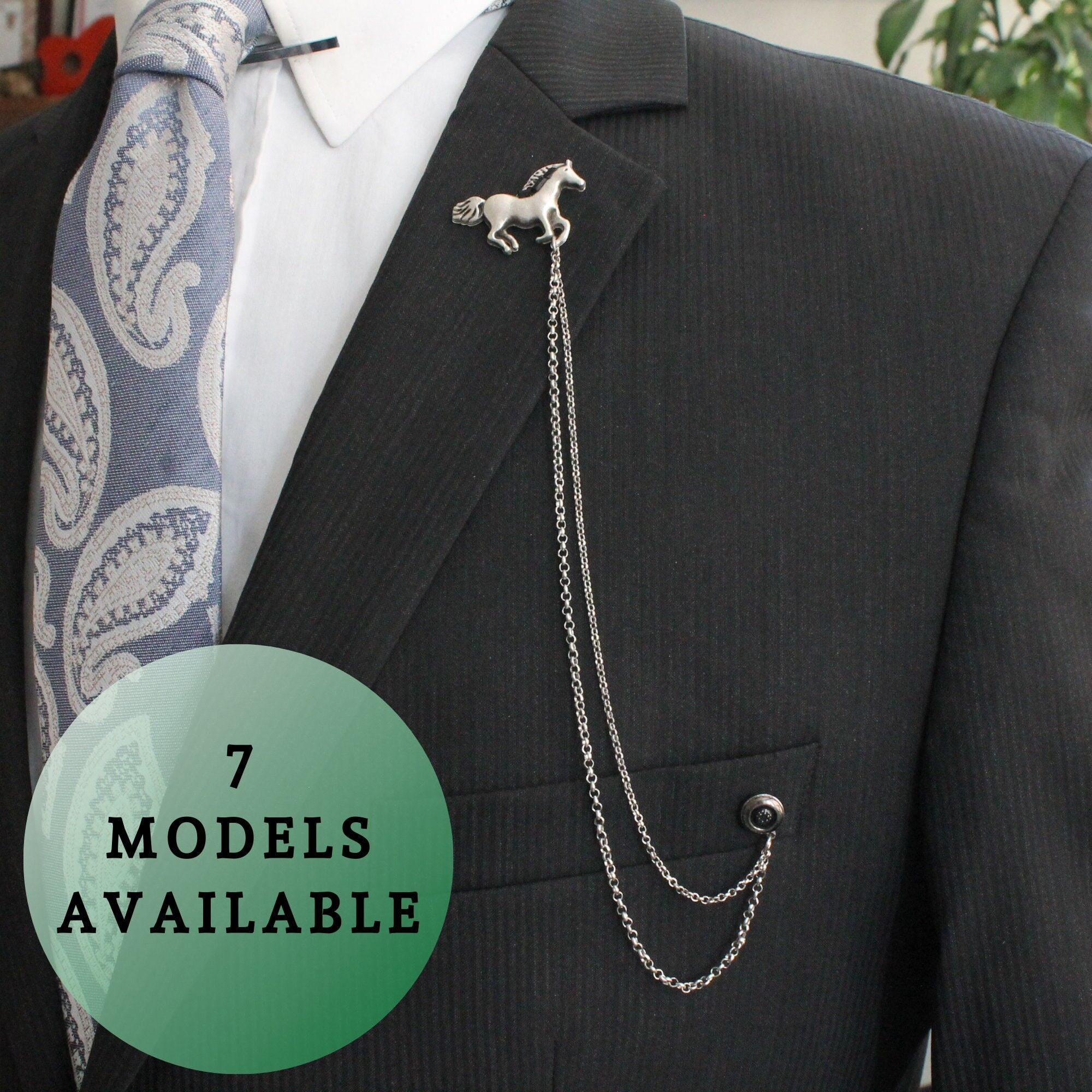 Horse-Eagle-Bee-Unicorn Figured Jacket Chain Brooch, Handmade Lapel Pin, Gift For Man, Men's Jewellery Accessory Wedding Groomsmen, , SKU058