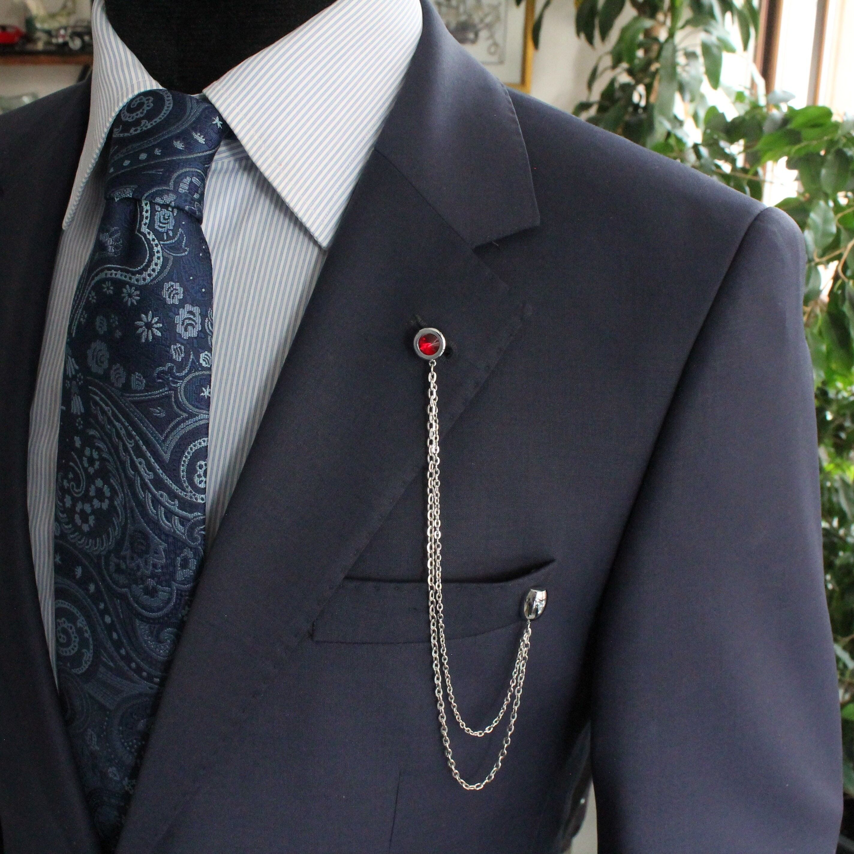 5 Models in 1 Jacket Chain Lapel Pin with Changeable Stones, Gold Color Handmade , Unique Men's Jewelry, Gifts For Him, Wedding Groomsman , SKU083