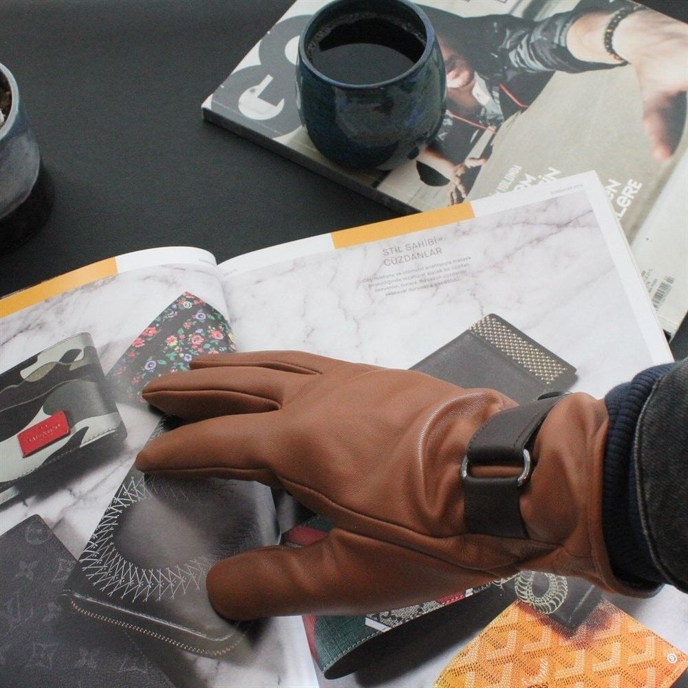 Men's Cognac Brown Leather Winter Gloves, Genuine Lambskin Leather Winter Gloves, Gift For Men, , SKU116