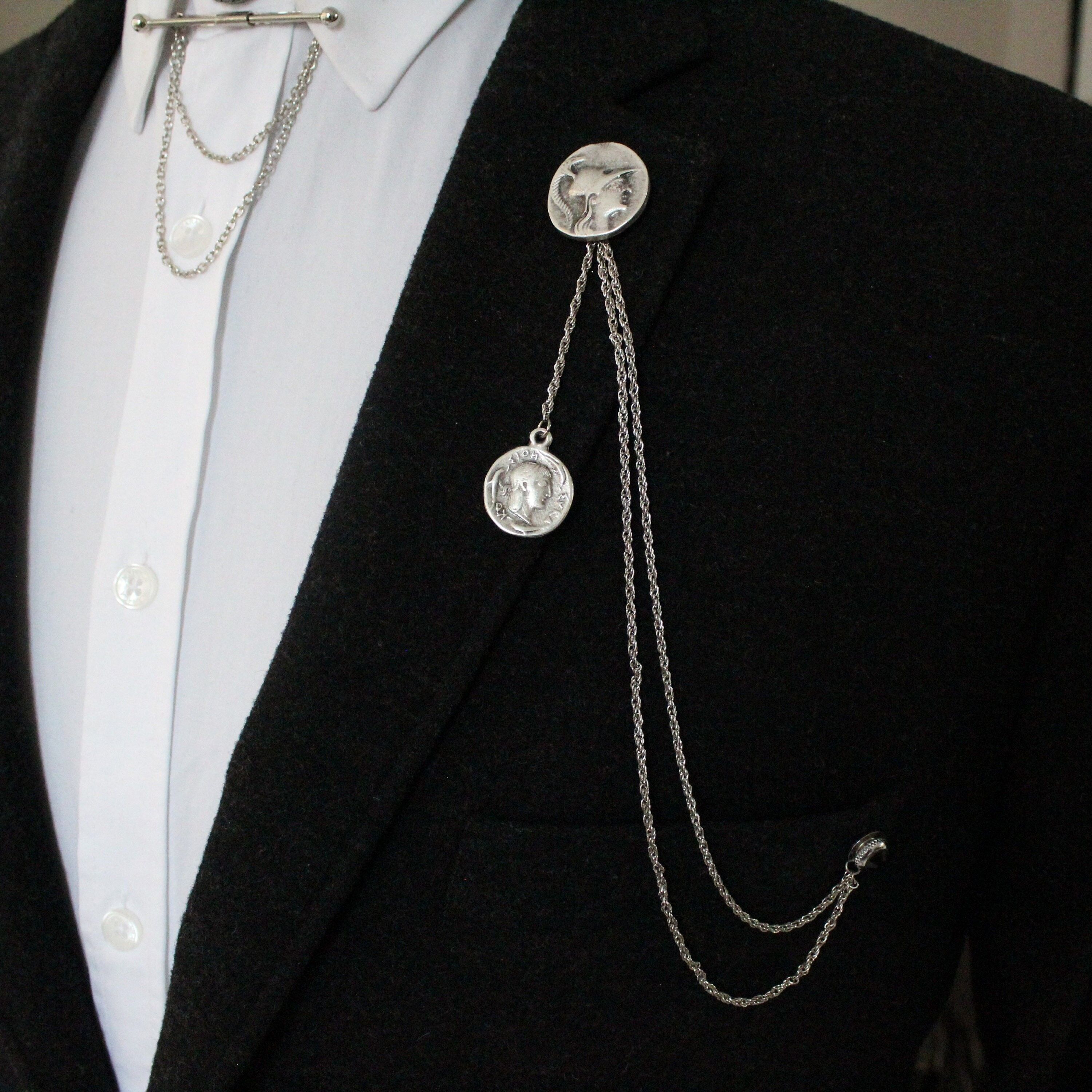 Alexandre le Grand broche de chaîne figurée, ancienne broche de collier de pièce de monnaie ancienne, veste à la main revers, cadeau pour homme, hommes bijoux accessoire mariage, SKU121