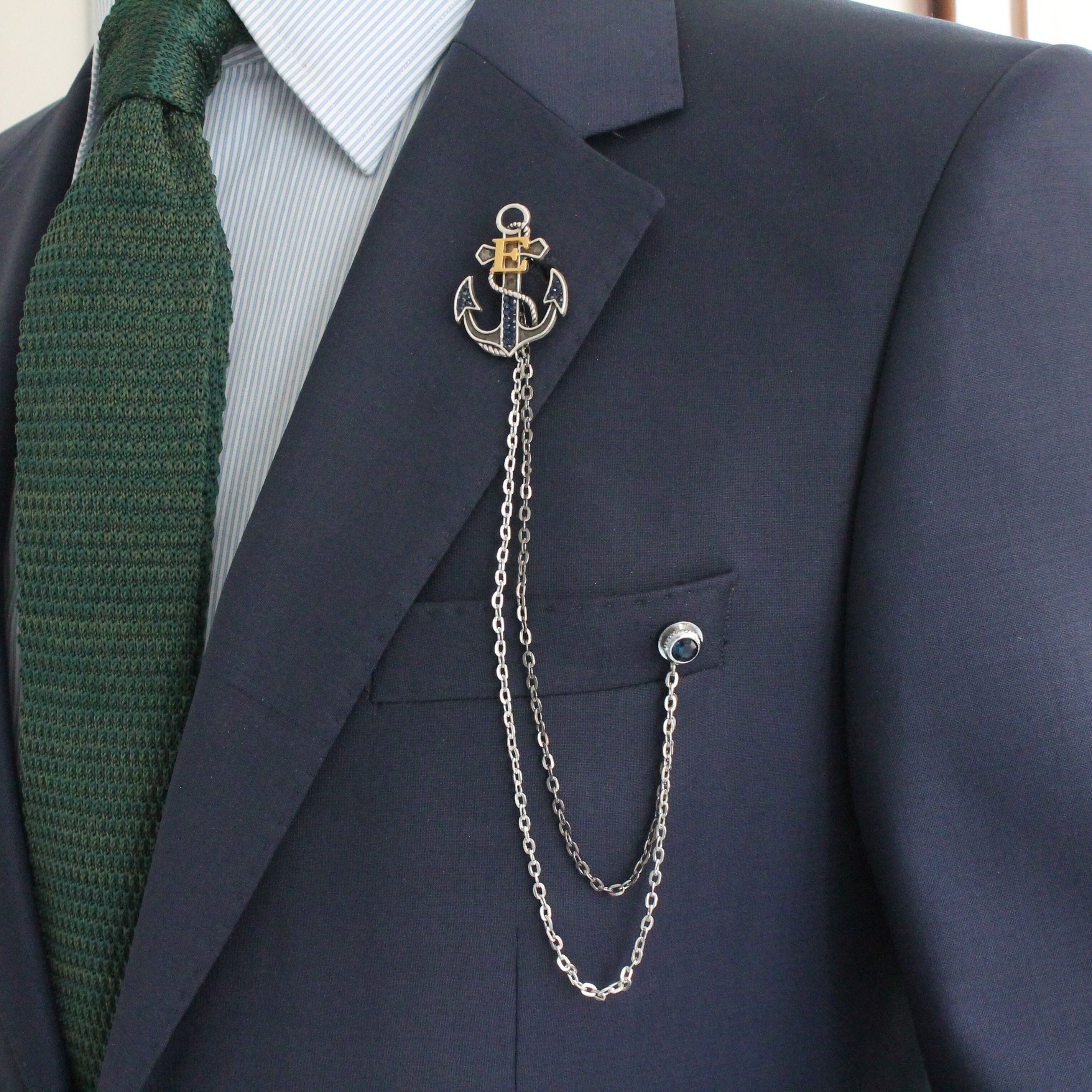 Broche de chaîne de lettre d'ancre, épinglette de collier de lettre personnalisée, revers fait à la main de veste, cadeau pour homme, accessoire de bijoux pour hommes garçons d'honneur de mariage, SKU128