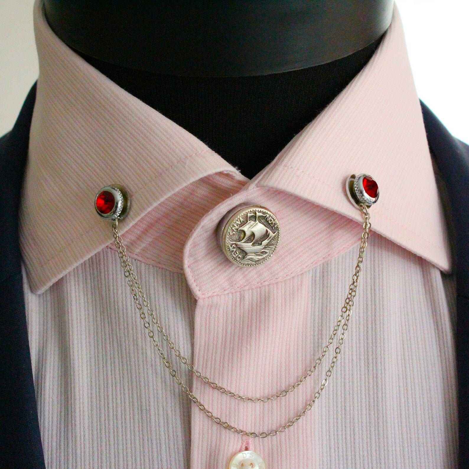 Collar Chain Brooch, Shirt Chain Pin, Handmade Brooch Silver Colour with Green Stone,Men Jewellery Accessory,Man Woman Jewelry,Gift For Him , SKU141