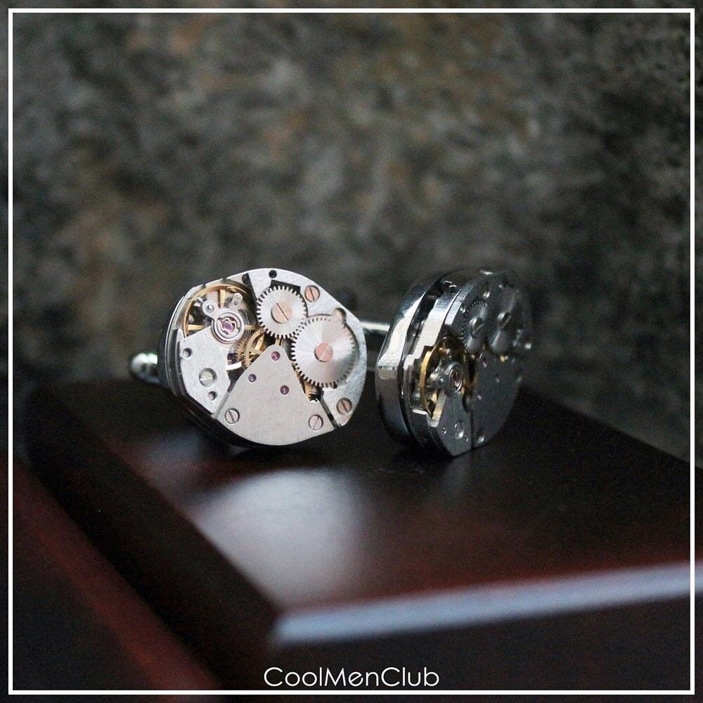 Watch Clock Cufflink in Silver Color, Mechanism Gear Cuff Links, Groomsmen Gifts,Steampunk CuffLink,Gift For Men Him Dad, Wedding Cufflinks , SKU144
