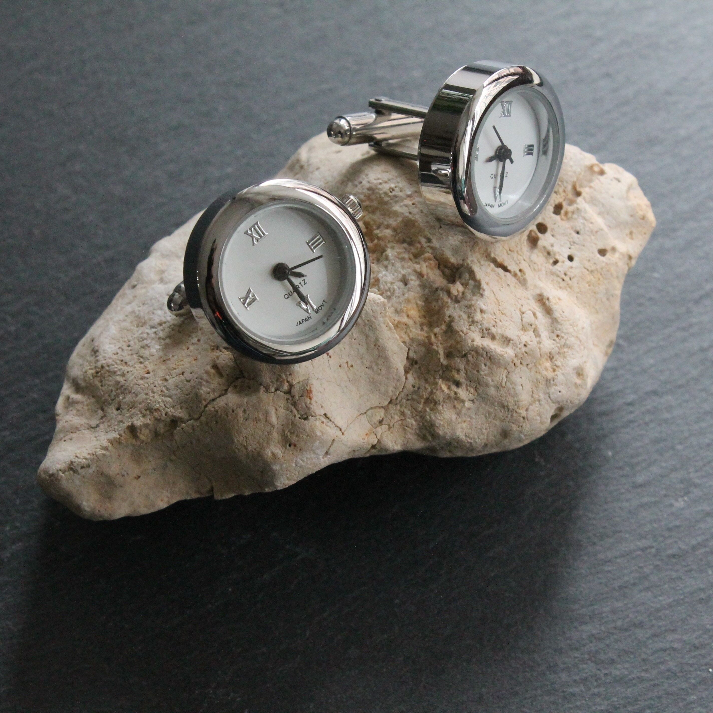 Watch Clock Cufflink in Silver Color, Mechanism Movable Cuff Links, Groomsmen Gifts, Gift For Men Him Dad, Elegant Gift, Wedding Cufflinks , SKU146