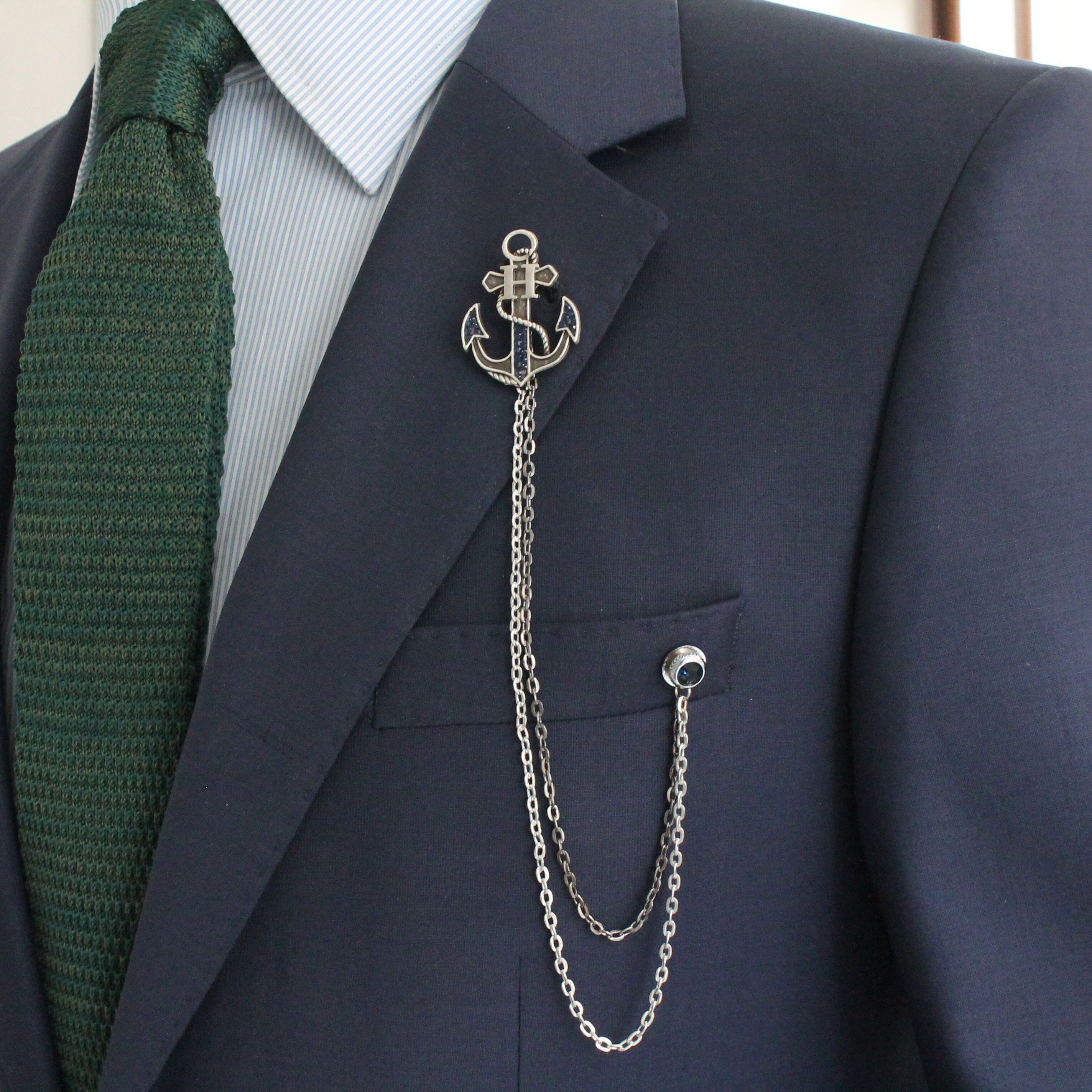 Broche de chaîne de lettre d'ancre, épingle de collier de lettre personnalisée, revers fait à la main de veste, cadeau pour homme, accessoire de bijoux pour hommes garçons d'honneur de mariage, SKU148