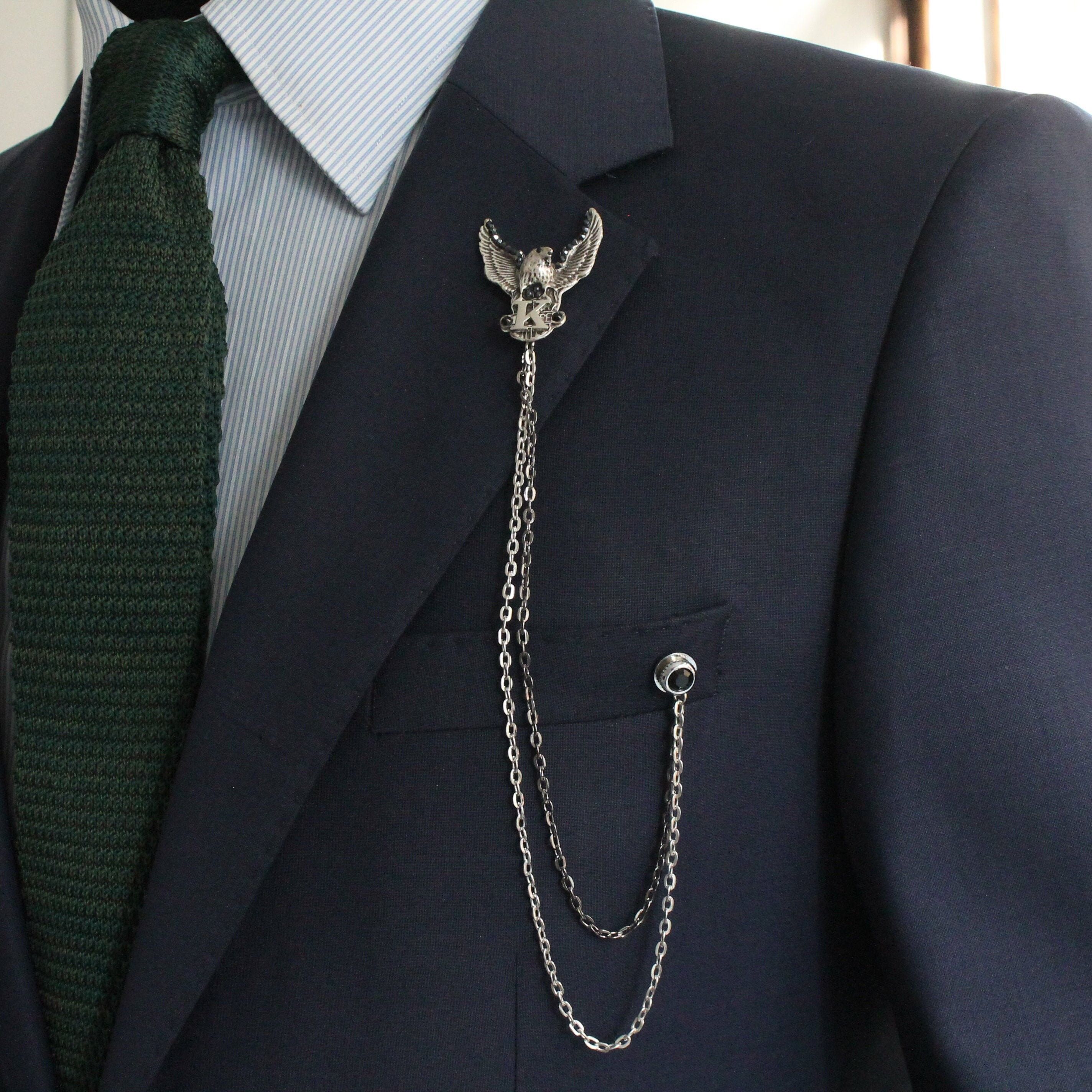 Broche de chaîne de lettre d'aigle, épinglette de collier de lettre personnalisée, revers fait à la main de veste, cadeau pour l'homme, accessoire de bijoux pour hommes garçons d'honneur de mariage, SKU150