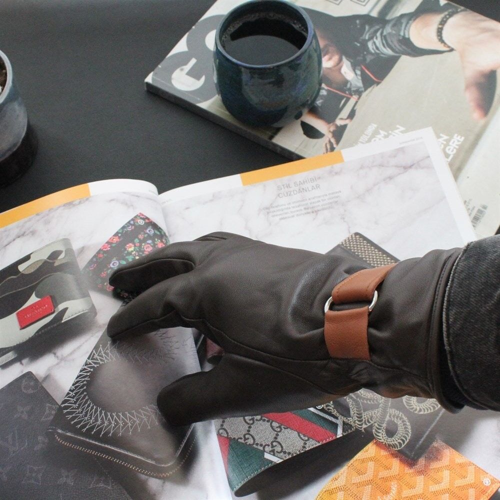 Men's Dark Brown Leather Winter Gloves, Genuine Lambskin Leather Winter Gloves, Gift For Men , SKU166
