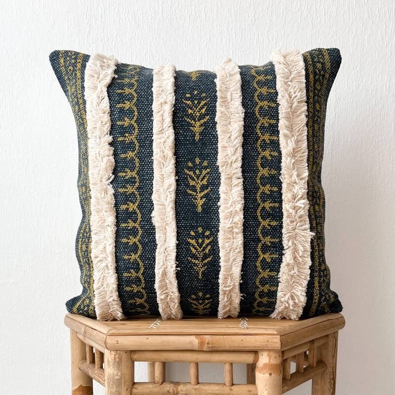 Fodera per cuscino unica con stampa a blocchi di mano 50 x 50 cm | Nera