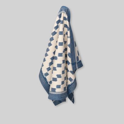 Tea towel, hand woven ikat, block pattern with border, blue / ecru