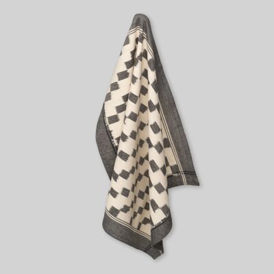 Tea towel, hand woven ikat, block pattern with border, gray / ecru