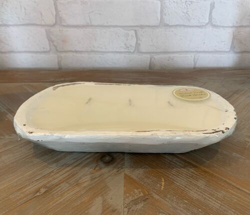 3 wick white washed wooden candle bowl