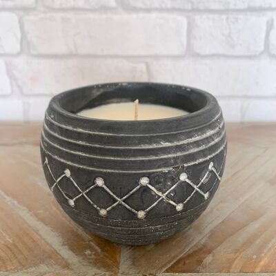 Round charcoal geometric candle pot - Black Plum & Rhubarab