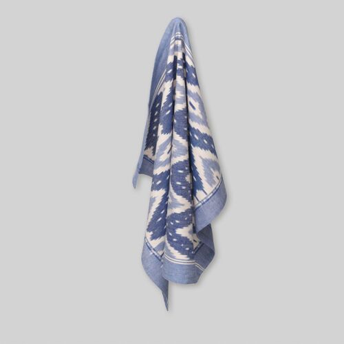 Theedoek, handgeweven ikat, diamant patroon, ecru met 2 tinten blauw