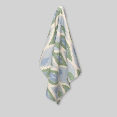 Tea towel, hand woven ikat, diamond pattern in pastel green and blue