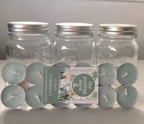 3 Mason jars and citronella tea-light kit (12 pack)