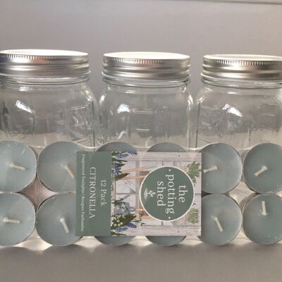 3 Mason jars and citronella tea-light kit (12 pack)