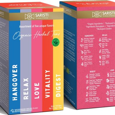 SARISTI Organic Herbal Tea Blend Assortment Box , 20 Single Wrapped tea bags , 5 flavors
