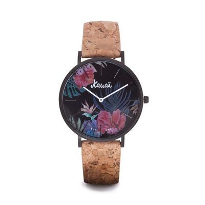 Schwarze Korkuhr mit Blumen | Tropische und fröhliche Uhr mit recyceltem Korkarmband | Hawaiianische Blumenuhr von Kauai Watches