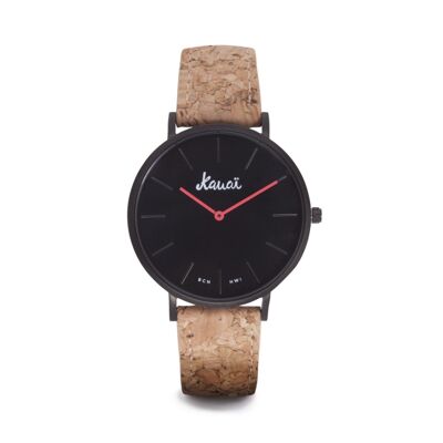 Orologio vegano per uomo o donna. Orologio Aloha Black con cinturino easyclick in sughero riciclato. Cassa e quadrante neri.