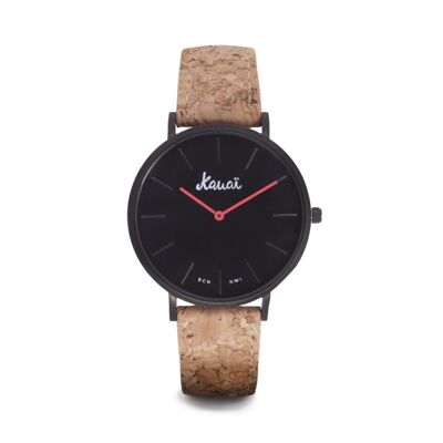 Vegane Uhr für Männer oder Frauen. Aloha Black-Uhr mit recyceltem Kork-Easyclick-Armband. Schwarzes Gehäuse und Zifferblatt.