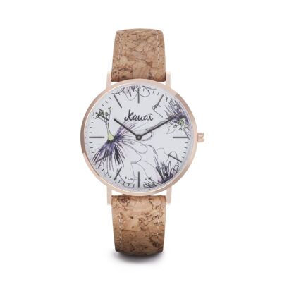 Vegane Unisex-Uhr. Napali Pua-Uhr mit Easyclick-Armband aus recyceltem Kork. 38mm. Sehr flach. Blumendruck auf weißem Hintergrund
