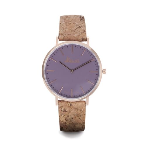 Reloj de mujer color morado con caja oro rosa. Reloj Napali Purple con correa de corcho reciclado easyclick. Diámetro 38mm. Movimiento japonés.