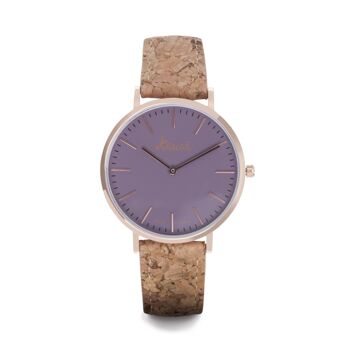 Montre pour femme violette avec boîtier en or rose. Montre Napali Purple avec bracelet en liège recyclé easyclick. Diamètre 38mm. Mouvement japonais. 1