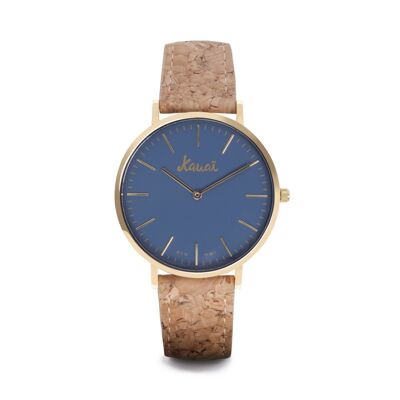 Montre-bracelet en liège bleu Moana | Montre unisexe avec bracelet en liège recyclé, cadran en acier plaqué or et 5ATM (résistant à l'eau) | Kauai regarde