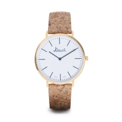 Reloj de pulsera vegano Moana White corcho | Esfera blanca, caja de acero IP oro y correa de corcho reciclado | Kauai watches